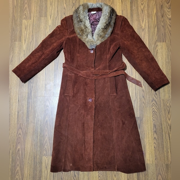 valdor sportswear Jackets & Blazers - 70s Vtg Suede Leather Full Length Coat w/ Real Fur Collar Size 17 Fits 10 C71